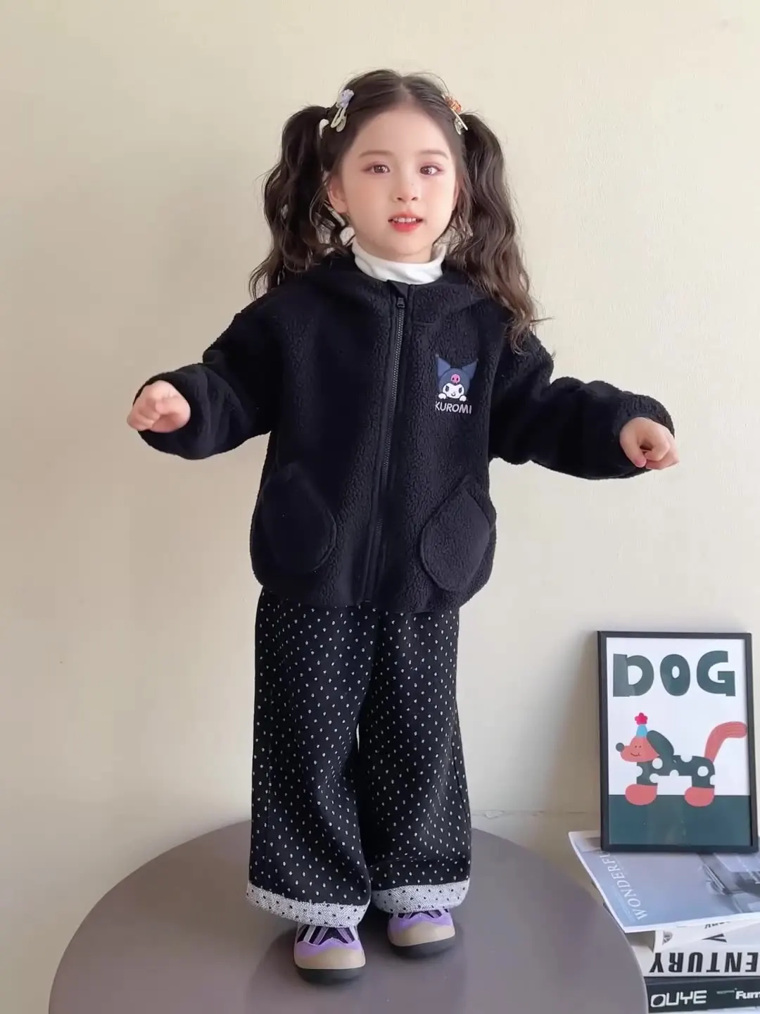 

Girls' Plush Jacket Solid Color Cartoon Print Zipper Hooded Jacket Sweet Cute Baby Top Warm Soft Thick Plush Jacket Autumn New