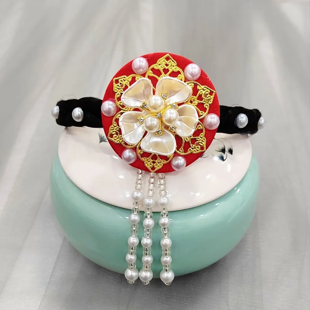 

Retro Flower Korean Headband Tassels Traditional Hanbok Hairband Headdress Pearl Stage Dance Hair Hoop Wedding