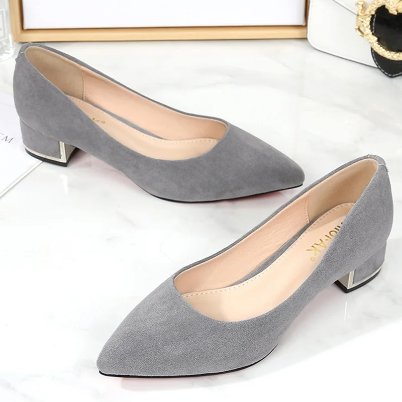 Women Square Heels Pumps Pointy Toe Null Slip-On Grey Low Cutter Shoes Kid Suede Elegant Comfortable 34-43 26cm Luxury Designer