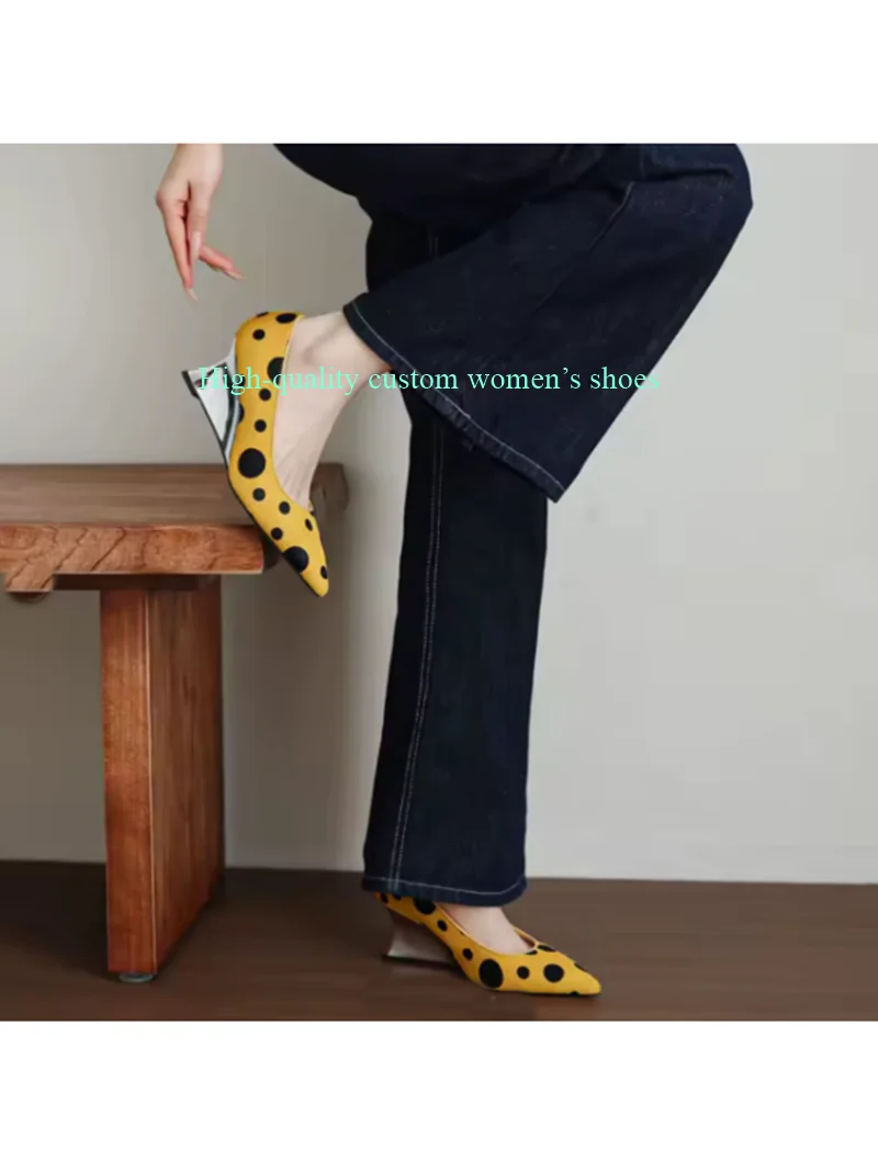 Polka Dots Pointed Toe Metal Wedge Heels Shallow Elegant Women's Shoes Yellow Model Manual Production Women's Luxury High Heels