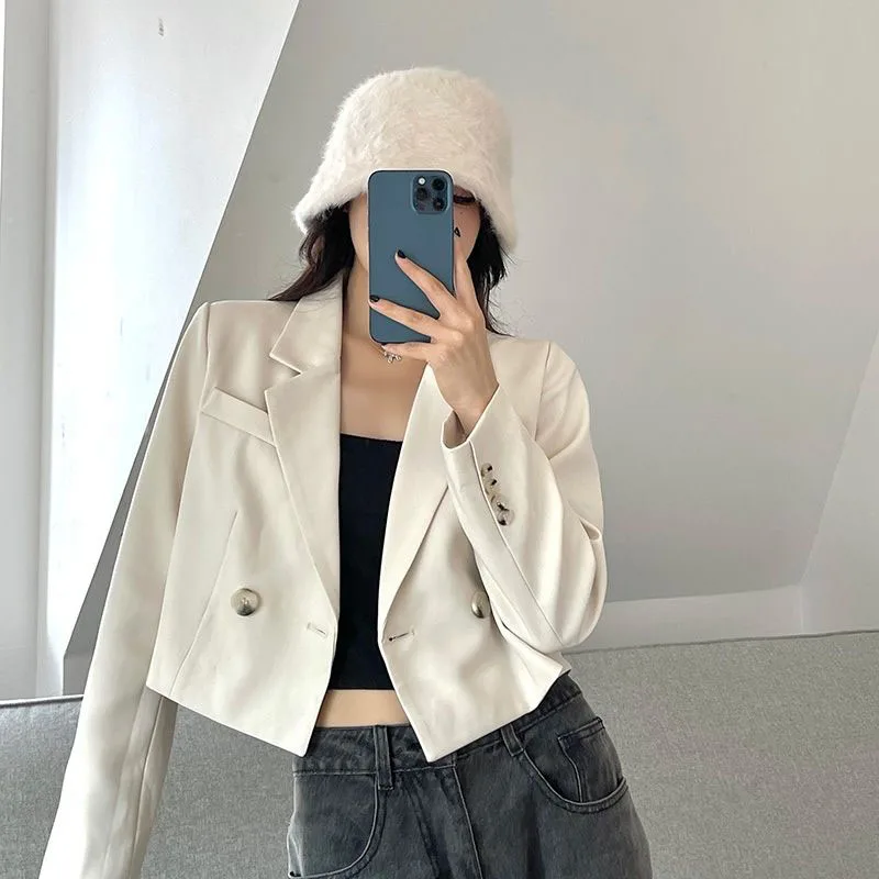 Lucyever Dames Cropped Blazers Jas Vintage Zwarte Gekerfde Kraag Kantoor Dame Pak Jasje Koreaanse Casual Lange Mouwen Blazer