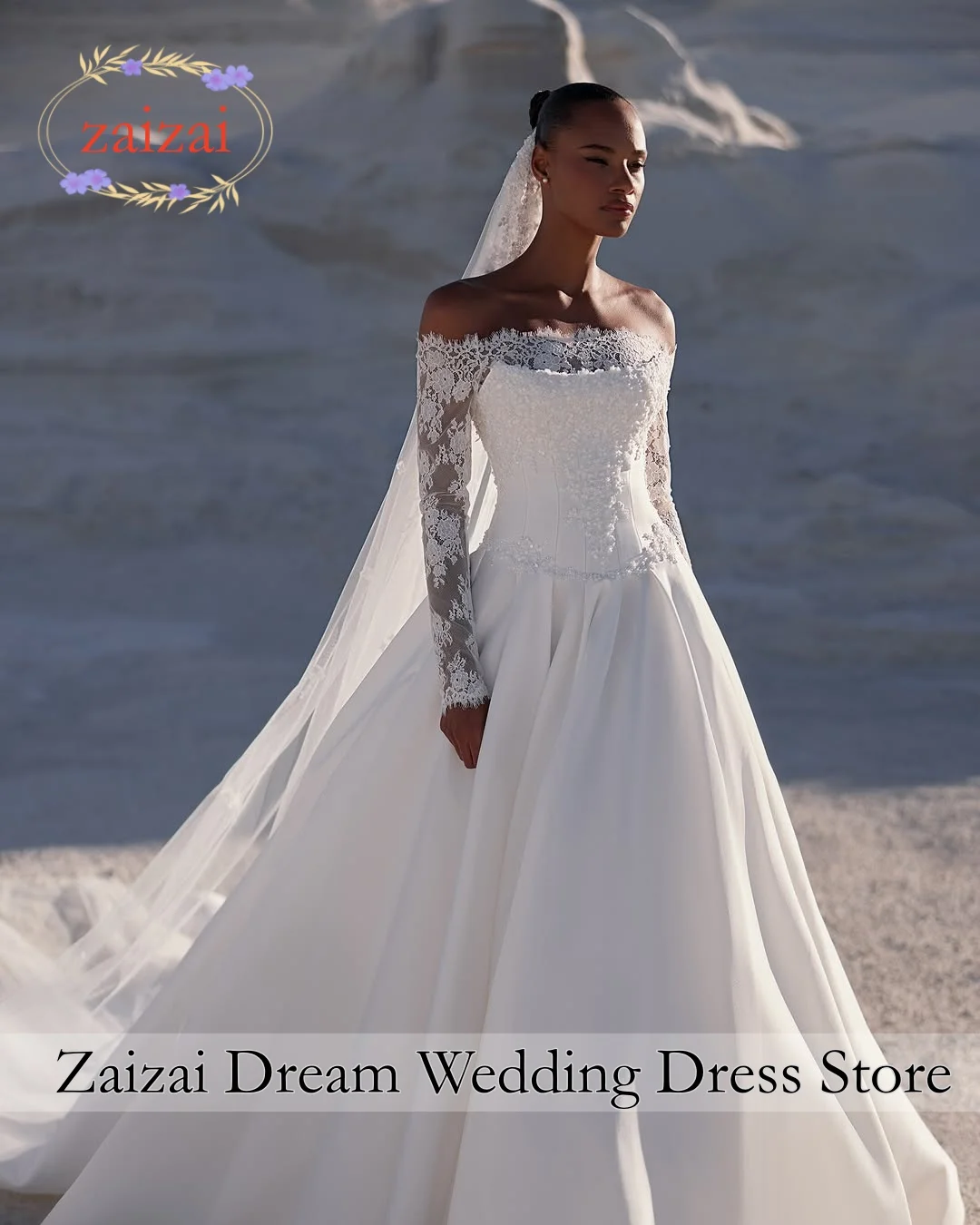 Customzied Wedding Dress Off the Shoulder Long Sleeves Lace Satin A-line Bride Gowns Bridal Dresses Vestidos De Noiva