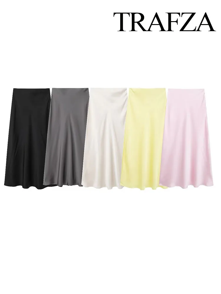 TRAFZA Women Summer Elegant Long Skirts Solid High Waist Pleated Side Zipper Decorate Female Office Style Mid-Calf Skirt Mujer