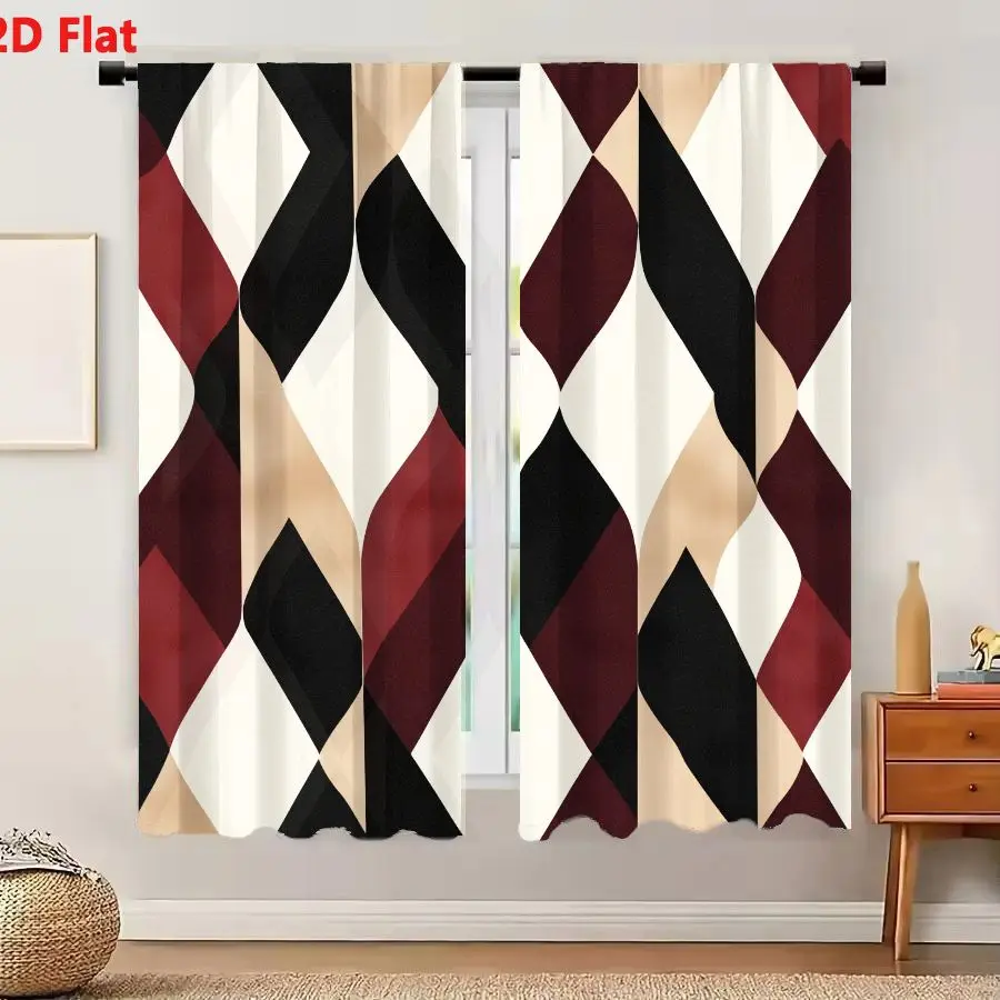 2Pcs Curtains 2D Flat Seamless Geometric Diamond Pattern With Burgundy Black Beige And Off-white Colors Window Drapes for Bedroo