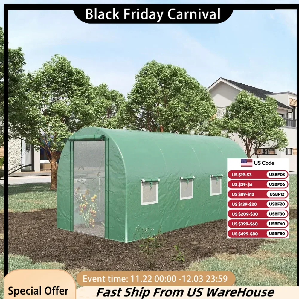 14.6' X 6.6' X 6.6' Walk-in Tunnel Hoop Greenhouse with Mesh Door & 8 Windows, Large Green House for Plants, Flowers, Vegetables