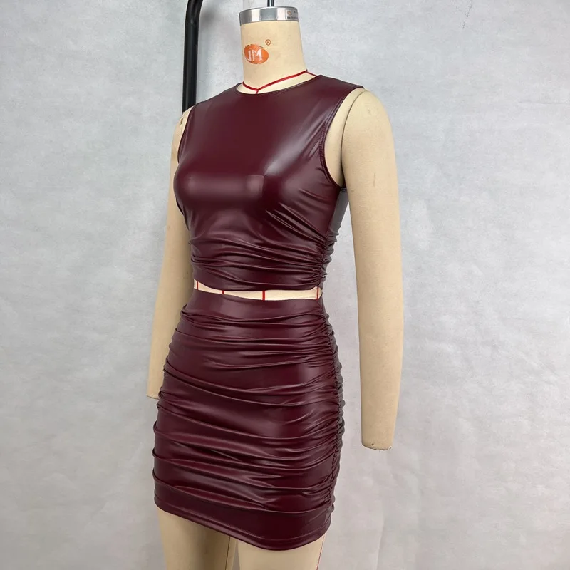 DSMTRC High Waist Elegant Dress Sets PU Leather Summer Sleeveless Crop Top+Folds Mini Skirts Two Piece Suits Sexy Solid Outfits