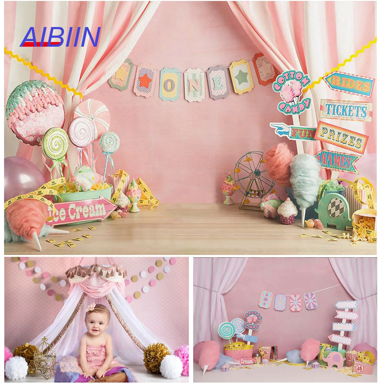 

Newborn Girl Birthday Photography Backdrop Pink Tent Lollipop Curtain Photo Background Kids Portrait Cake Table Poster Props