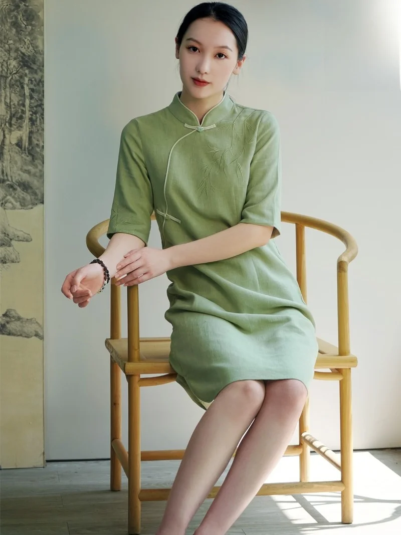 

Элегантная хлопково-льняная юбка-ципао с низким разрезом в китайском стиле для женщин, повседневная, цвет синий (ине-синий)