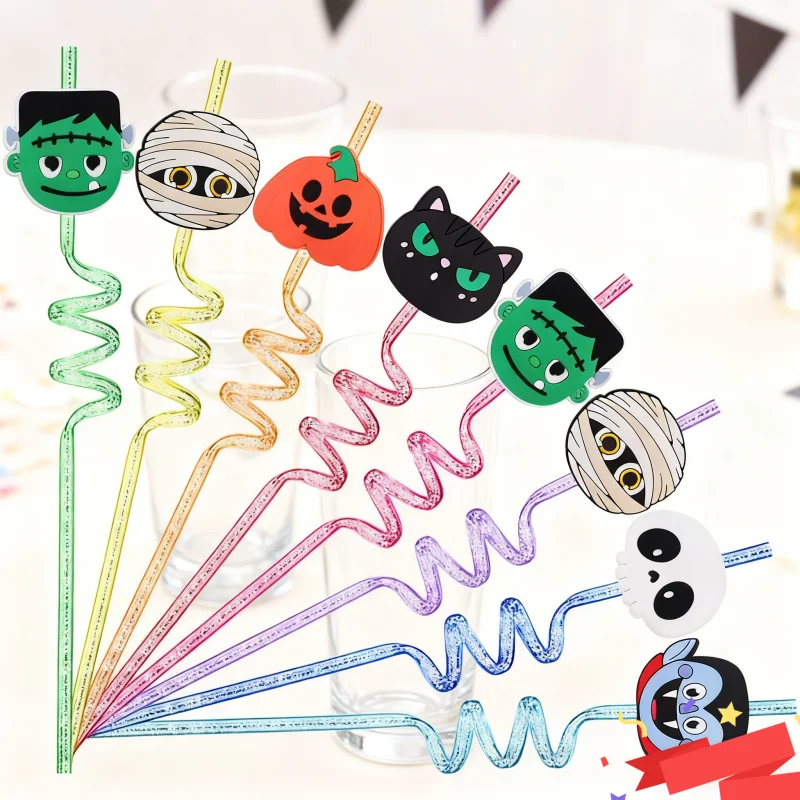  6pcs Household Straws Halloween Party Vampire Black Cat Pumpkin Mummy Pattern Drinking Straws Children's Halloween Party Gifts