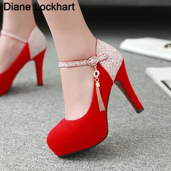 2024 New 11CM Women High heels Velvet Shoes Ladies Fashion Lady Pumps Round Toe Bling Tassel Party Dance Wedding shoes Blue32-43