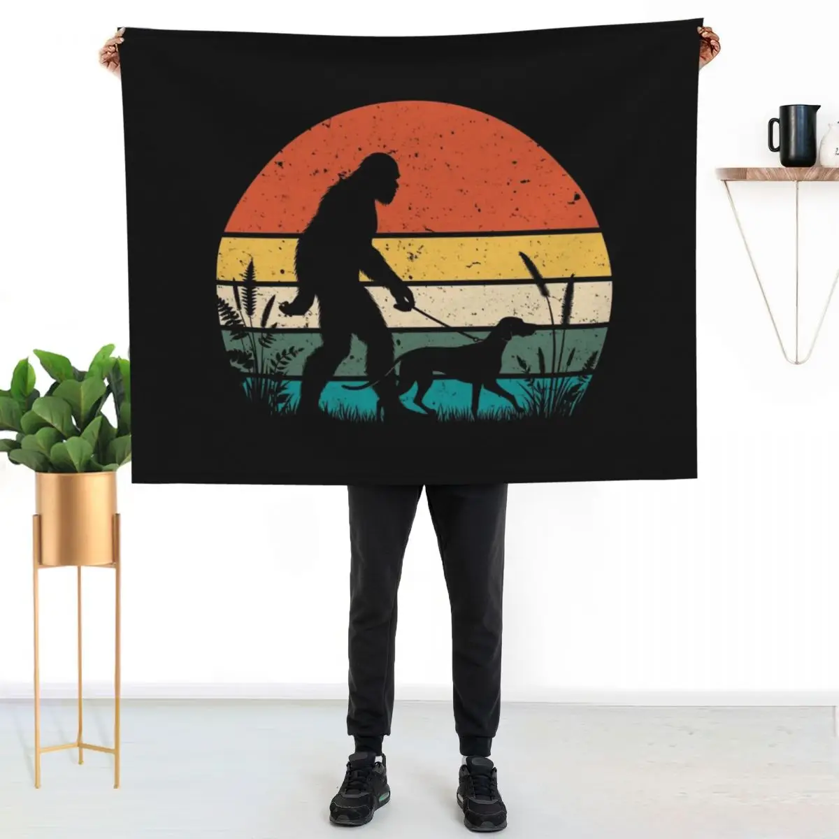 

Bigfoot Walking a Vizslas Dog Vintage Sunset Hiking Dog Lover Throw Blanket Stylish Couch Blanket for Home Living Room