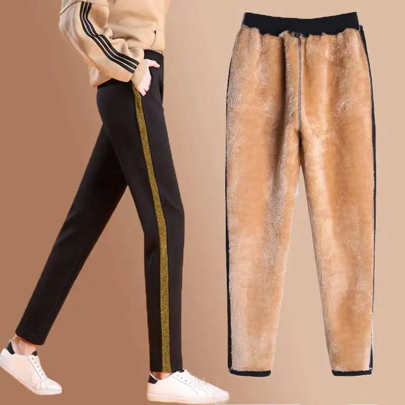 Women Contrast Panel Slim-fit Sweatpants Female Casual Elastic Winter Warm Fleece Harem Pants Striped Side Trousers