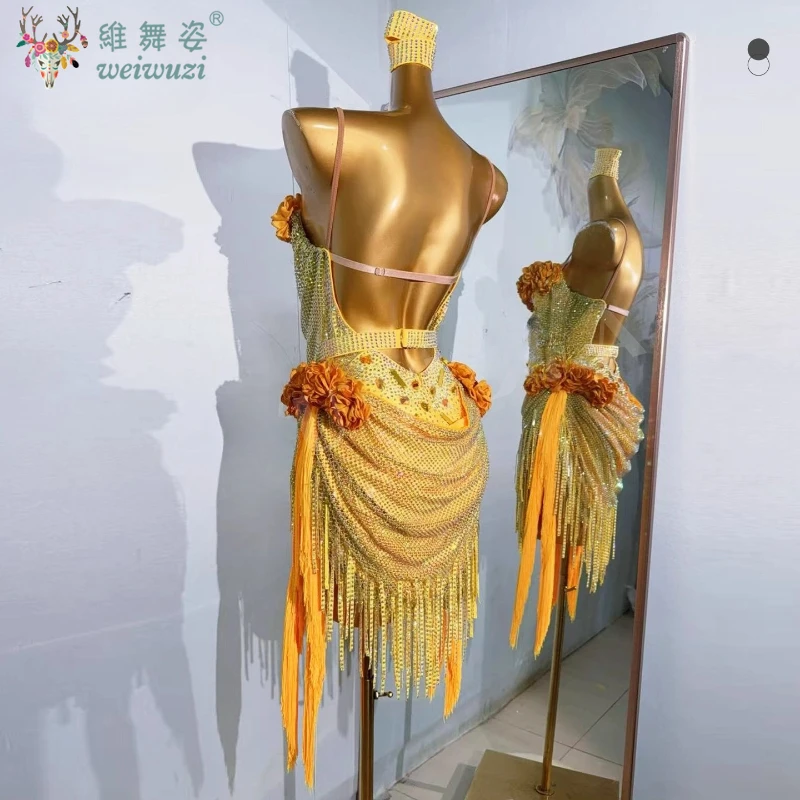 Latin Dance Performance Costume Diamond Female Adult Children High End Customized Flower Collar Fringed Dress Samba Flash Dress