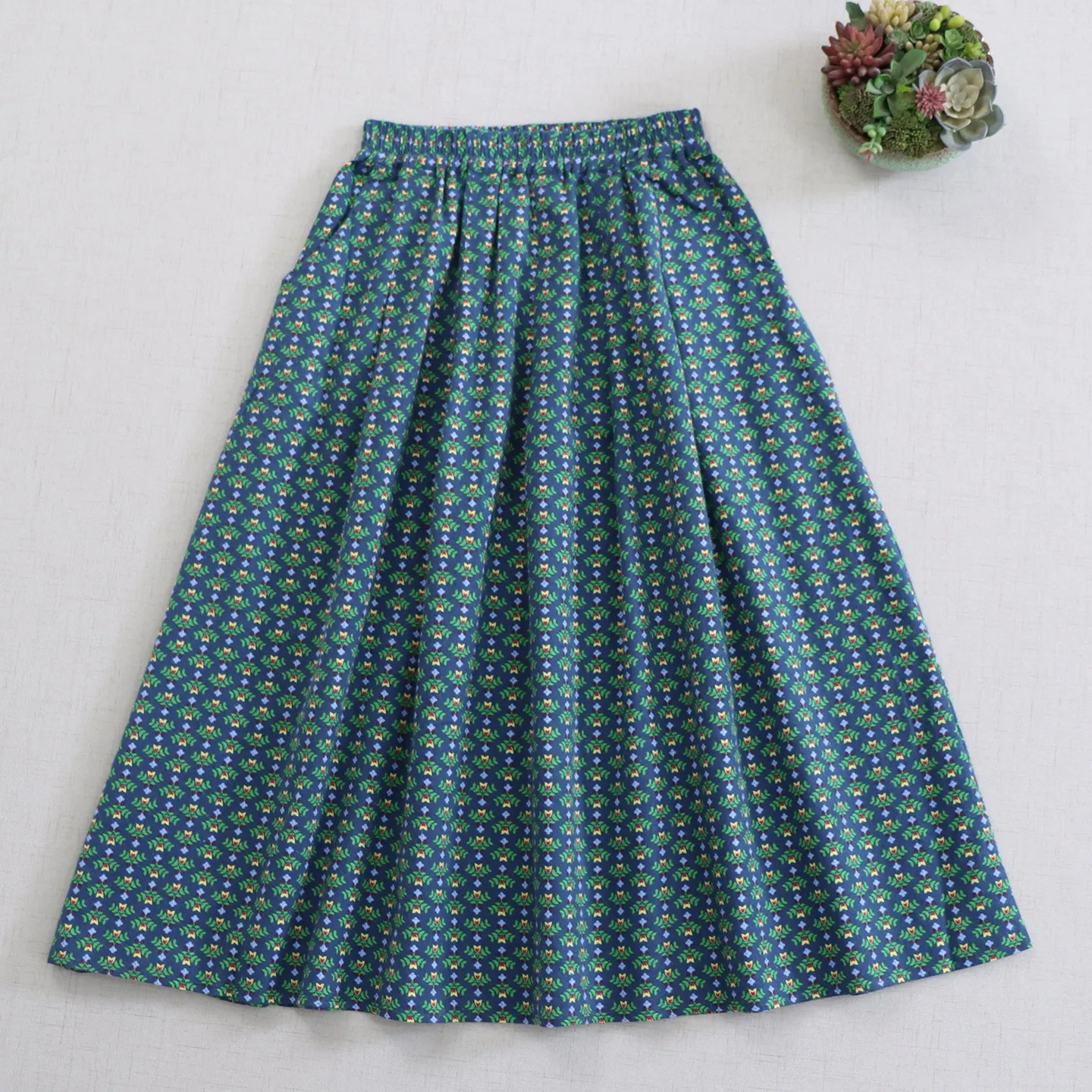 Japanese Mori Girl Vintage Ethnic Style Floral Printed Cotton Skirts Women Spring Elastic Waist Casual Loose A-Line Midi Skirts