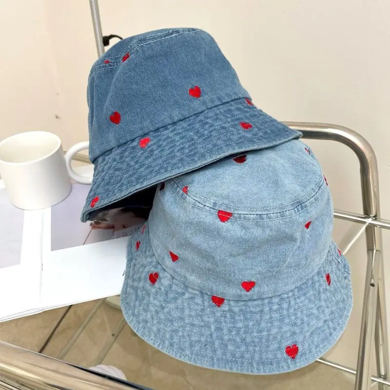 Embroidered Heart Cotton Summer Jeans Bucket Hat Cap For Women Spring Fisherman Hat Outdoor Travel Ladies Hat Gift Wholesales