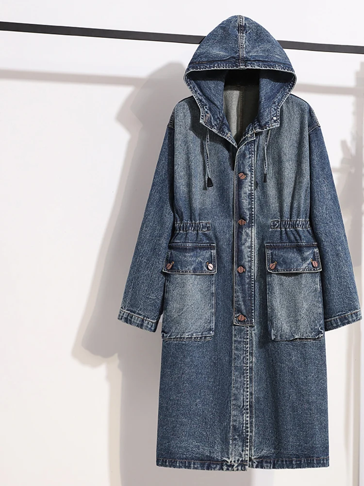 Retro Long Workwear Denim Jacket Women's Casual Loose Fit Windbreaker Coat with Hat Autumn New Style Washed Long Sleeve