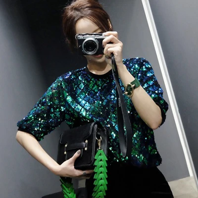 Women's Loose Short Sleeve T-Shirt Glitter Fish Scale Spring New Style Heavy Embellished Classic Pattern round Neck Top