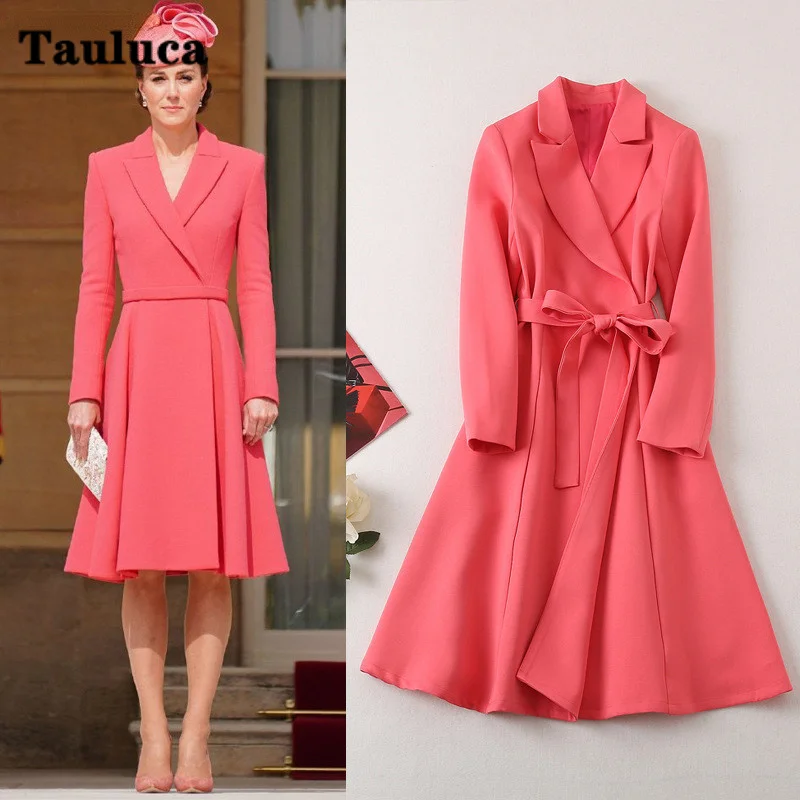 

Princess Kate Midelton Dress Solid Color Elegant Blazer Style Lapel Collar Long Sleeve A Line Midi Dresses Autumn Fall Vestidos