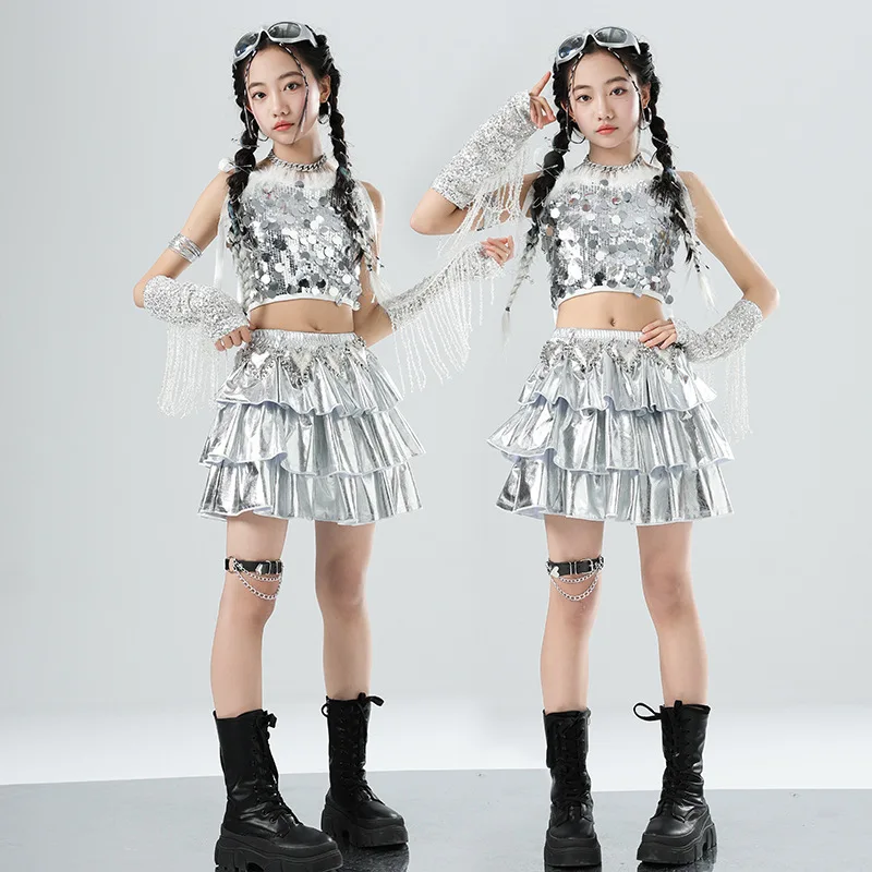 Ip Hop Costumes Girl Shiny Tshirt Silver Sequined Cake Skirt Kids K-pop Crop Top Jazz Clothes Sets Child Girl Group Streetwear