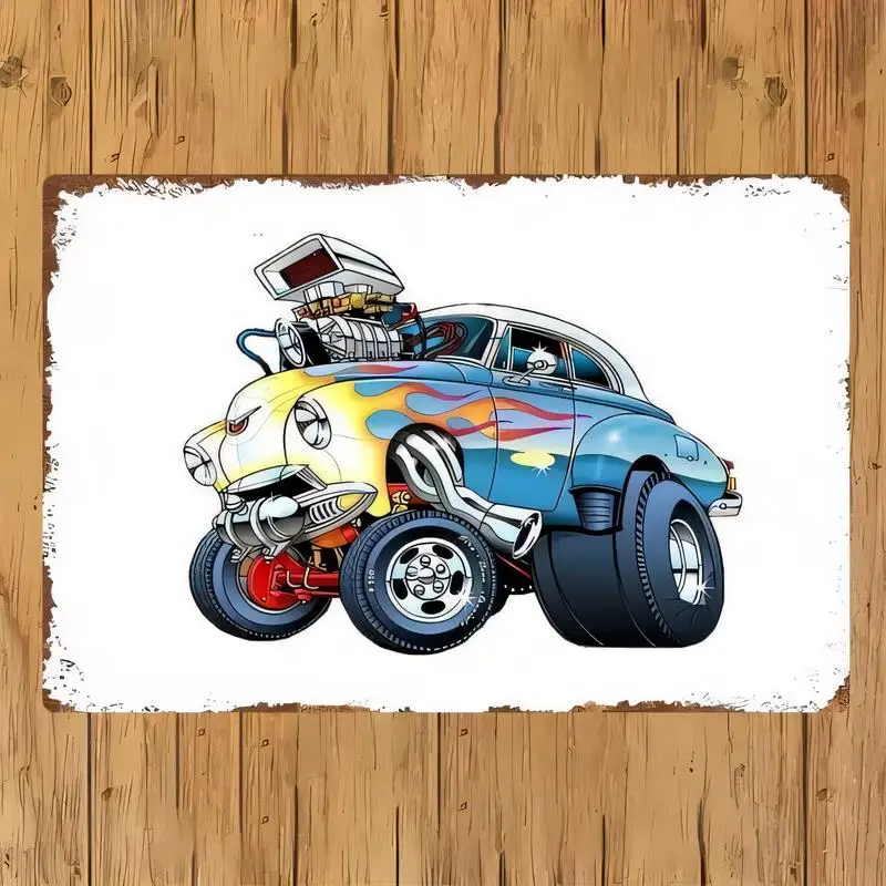 Vintage Retro Metal Tin Sign - Cartoon Hot Rod Car w/ Flame (Blue/Yellow), Iron Wall Art for Garage/Bar/Man Cave Decor, 2D Flat
