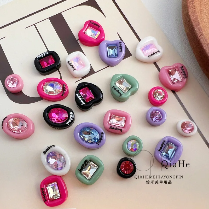 New 10pcs/bag summer sweet and spicy inlaid diamond heart letter color love marbles finished resin nail art charms decoration