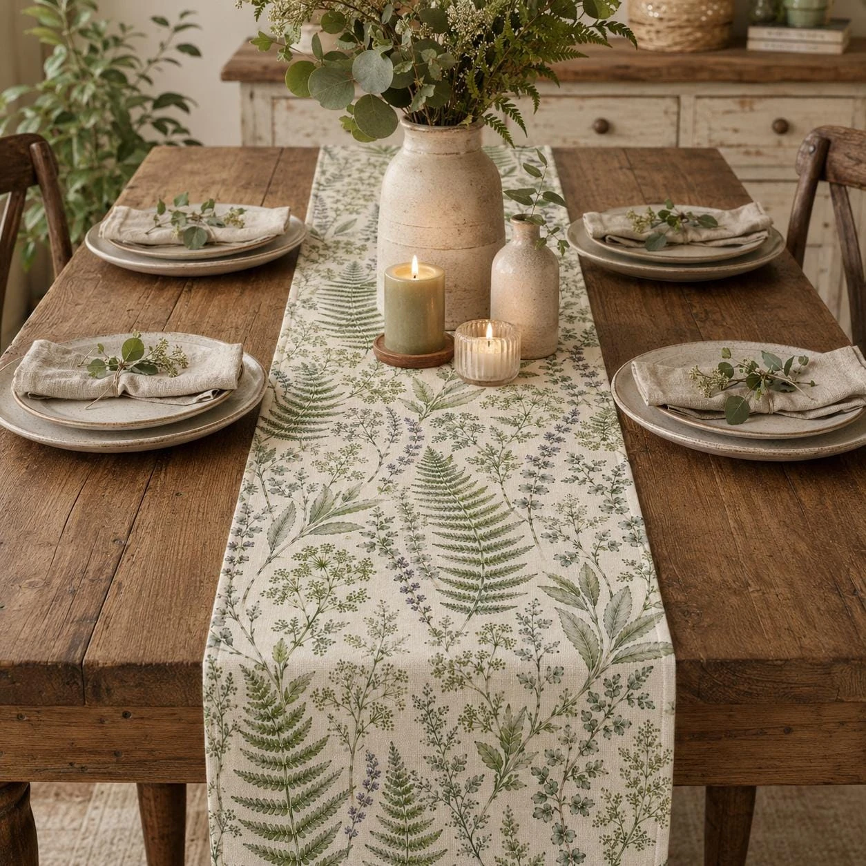 Fern Botanical Linen Look Table Runner Green Leaf Farmhouse Dining Table Decor