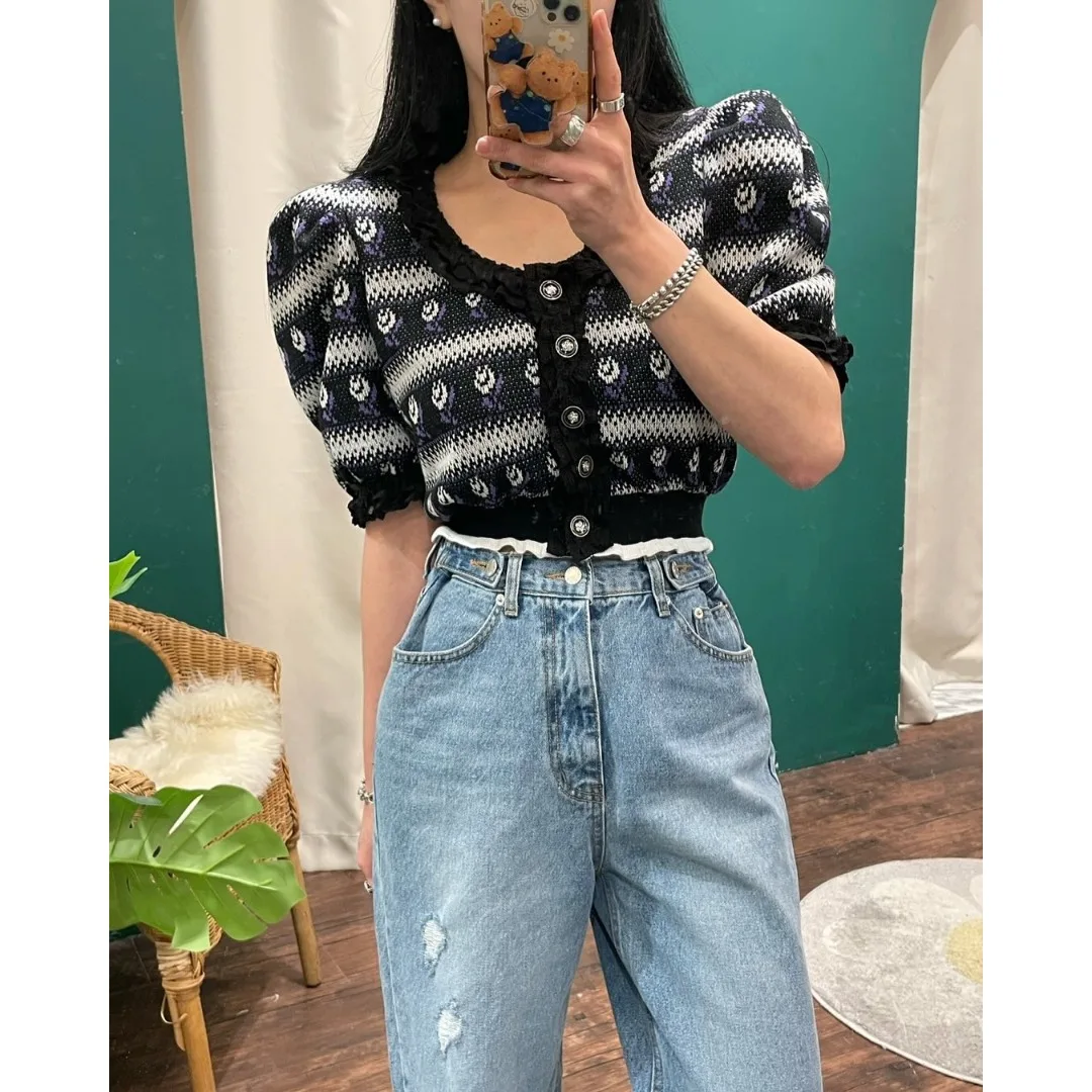 

Spring New Vintage Lace Trim Knitted Button up Top Women's Faion ort Sve Regular Length Acrylic Fiber 00%