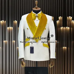 Double Breasted Suits Men Peaked Lapel Velvet Lapel Jacquard Prom Blazer Custom Made Groom Wedding Tuxedo Man Formal Party Dress