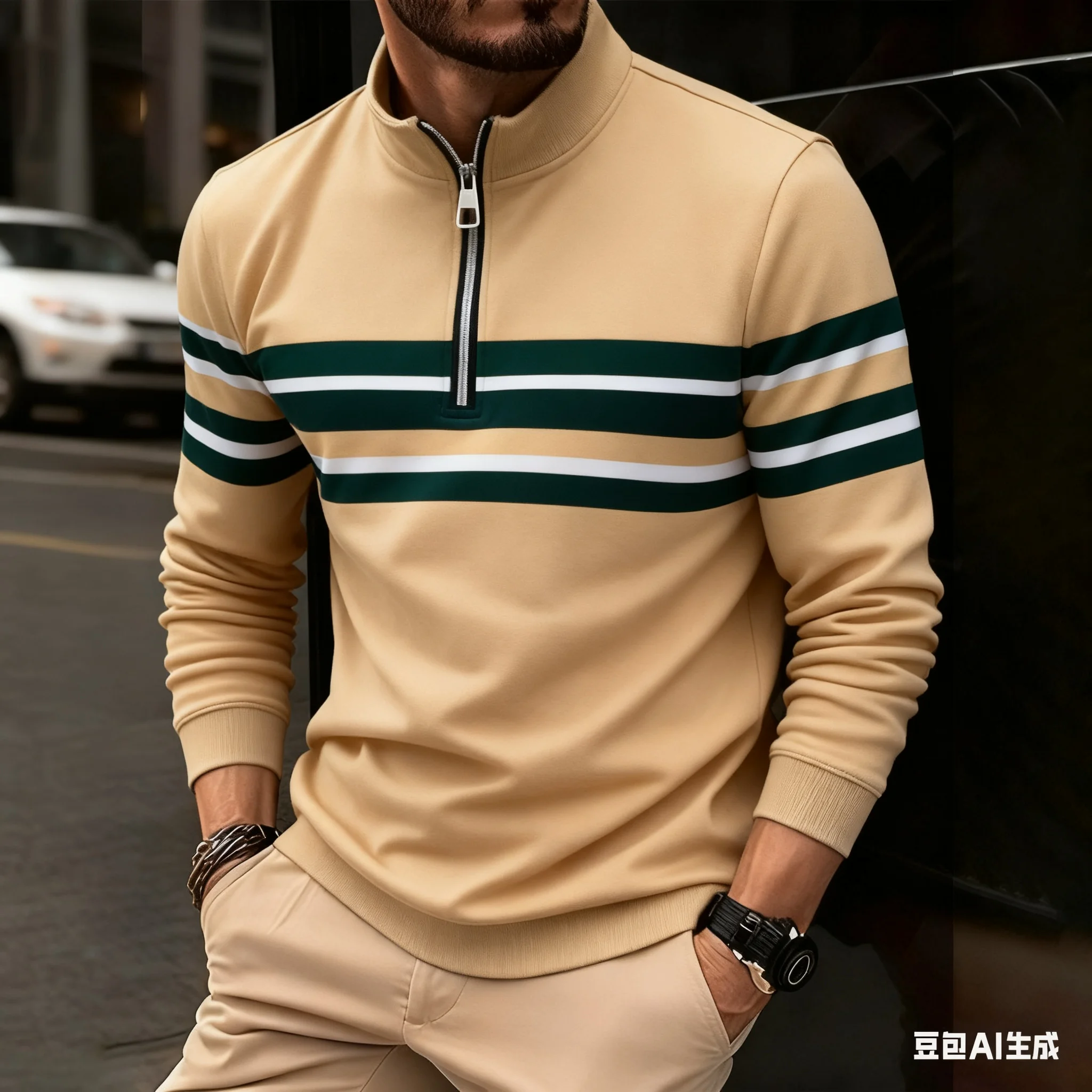 Lustige Streifen Druck männer Sweatshirts Mode Stehkragen Half Zip Langarm Tops Herbst Casual Lose Pullover Straße Kleidung