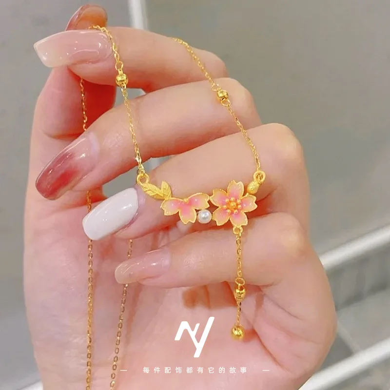 

9999 24K real gold cherry blossom pearl tassel necklace retro design clavicle chain fashionable versatile necklace