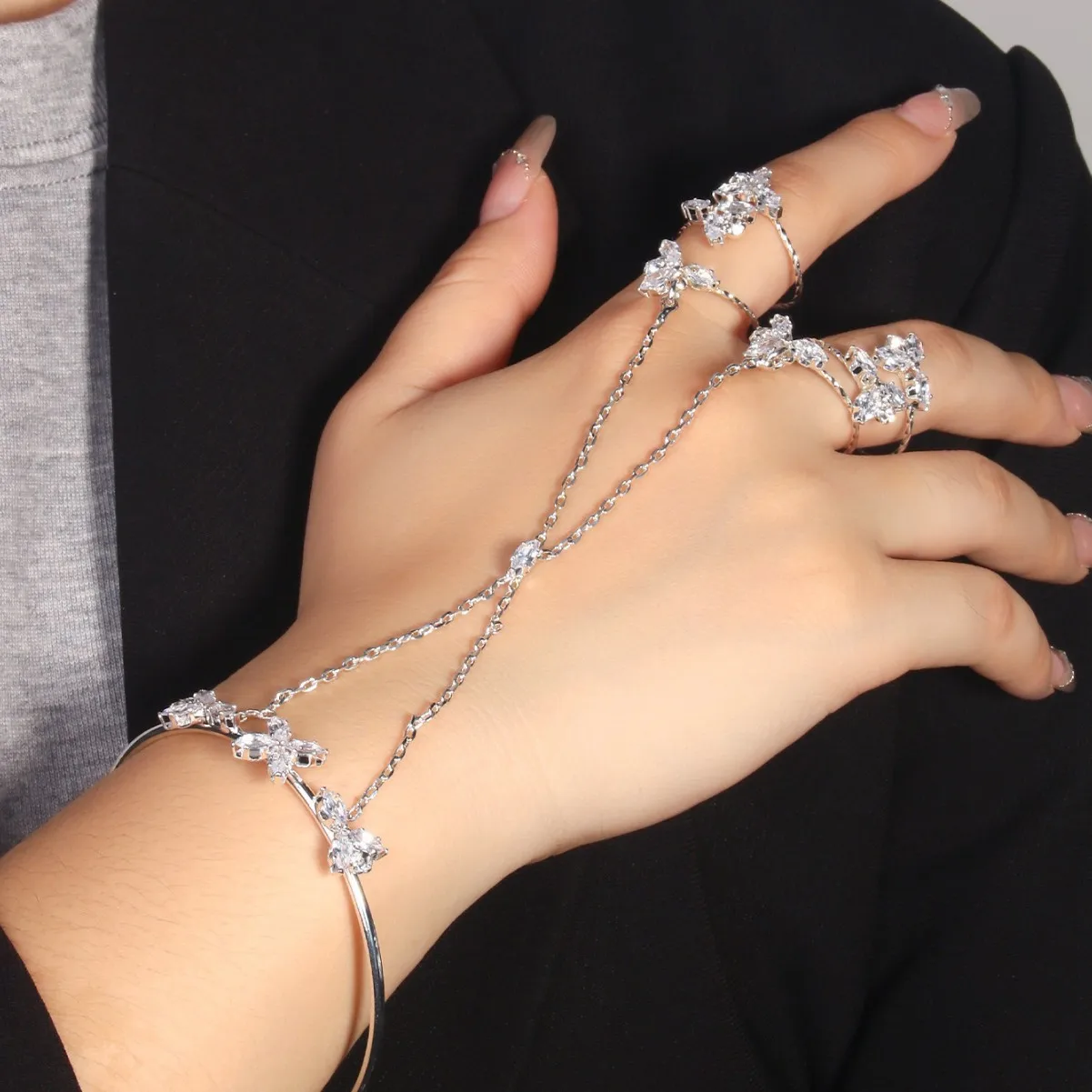 Hand Chain Bracelet, Butterfly Marquise Rhinestone Slave Bangle, Gold Silver Tone Adjustable Finger Ring Bracelet, Sparkling