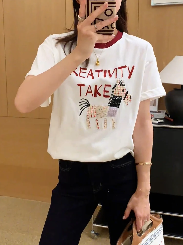 

Модная корейская футболка с вышивкой, летняя повседневная женская блузка больших размеров, трендовый дизайн с открытыми плечами, короткий рукав, круглый вырез