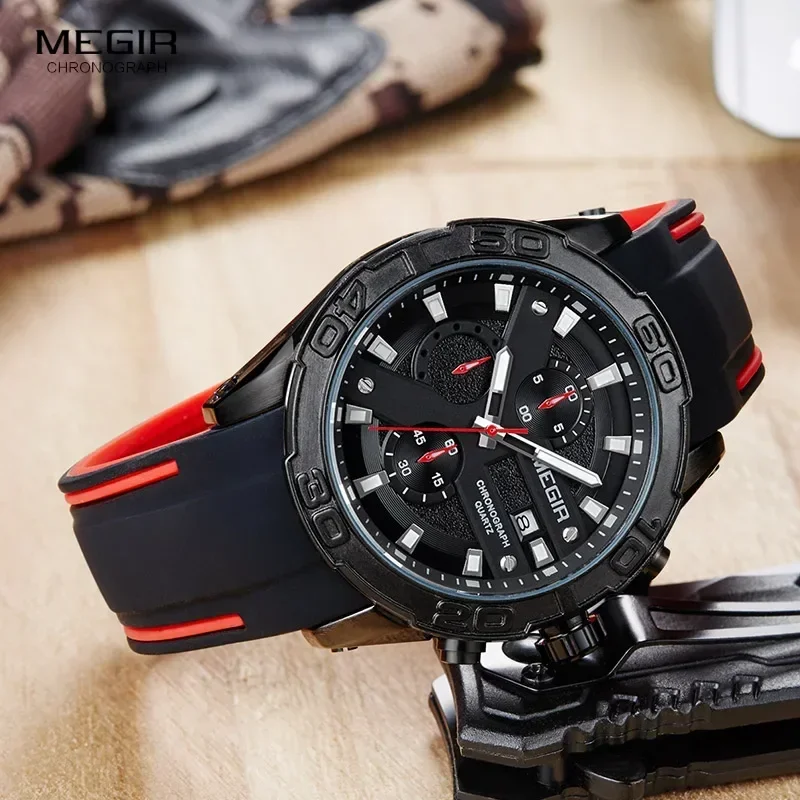 MEGIR Men's Fashion Sports Quartz Watches Luminous Silicone Strap Chronograph Analogue Wrist Watch for Man Black Red 2055G-BK-1