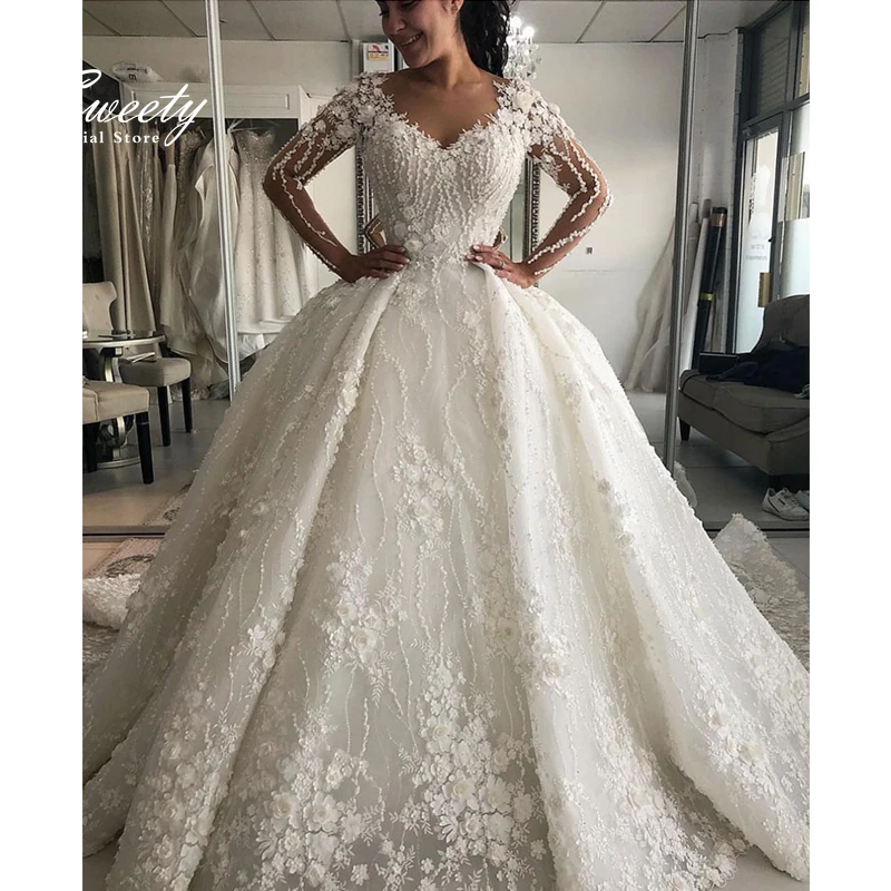 

Luxurious Wedding Dress Organza With Embroidery Lace Ball Gown 3dflower V-Neck Full Sleeve Bride Dress Button Vestido De Novia