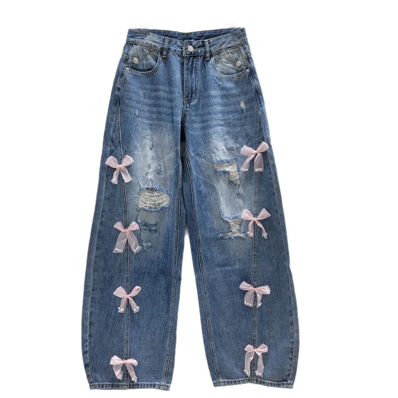 WTHT Trendy Summer 2026 Women Bow Decoration Irregular Holes Denim Pants New High-waisted Loose Straight Jeans Female 1LS3129