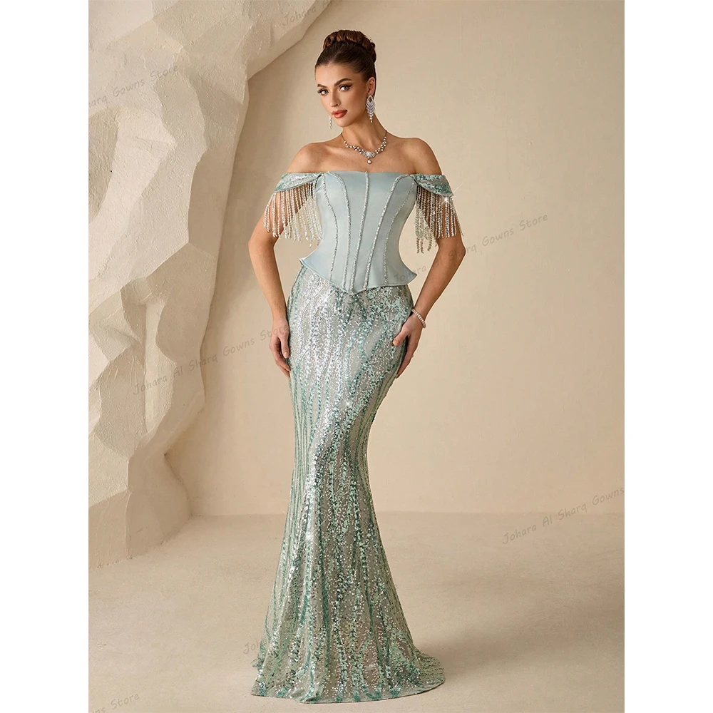 Vestidos de Noche de Sirena con Lentejuelas de Satén, Adornados con Cuentas y Flecos, Corsé, Vestidos Formales, Estilo Árabe de Dubái, Hechos a Medida para Invitadas de Boda