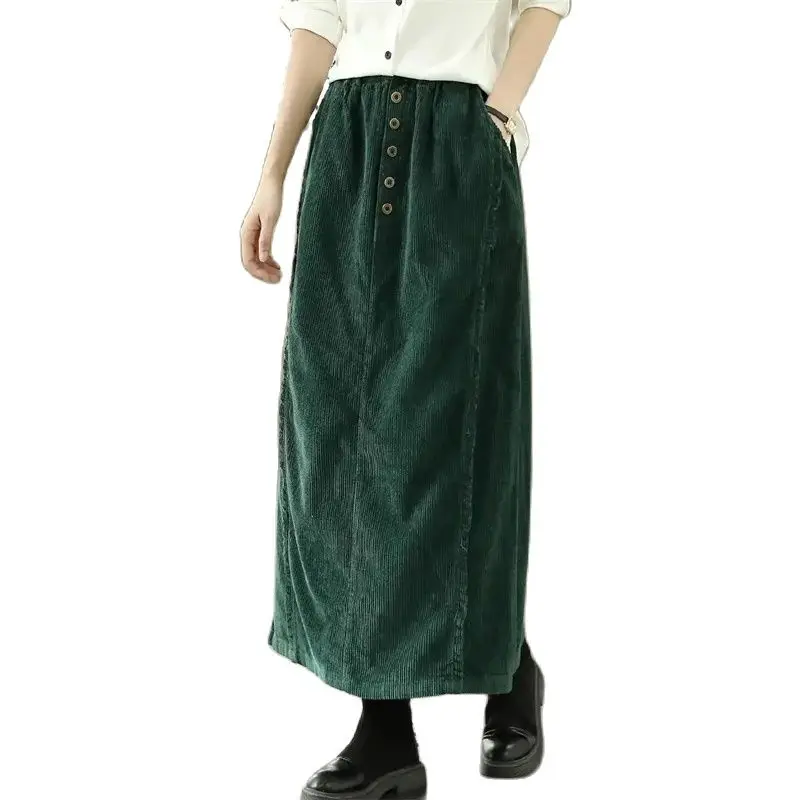 

2024 New Spring Autumn Casual Corduroy Skirt, For Women Clothing ,Winter Retro Elastic High Waist Slit A-line Pocket Skirts