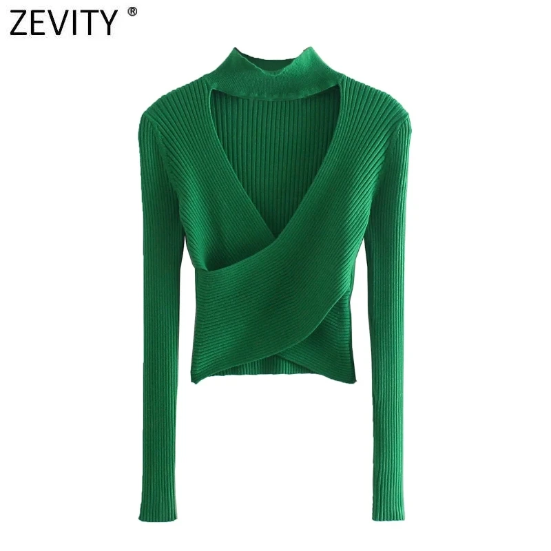 Zevity New Women Sexy Hollow Out Design Green Purple Color Short Knitted Sweater Lady Chic Long Sleeve Pullover Crop Tops SW1076