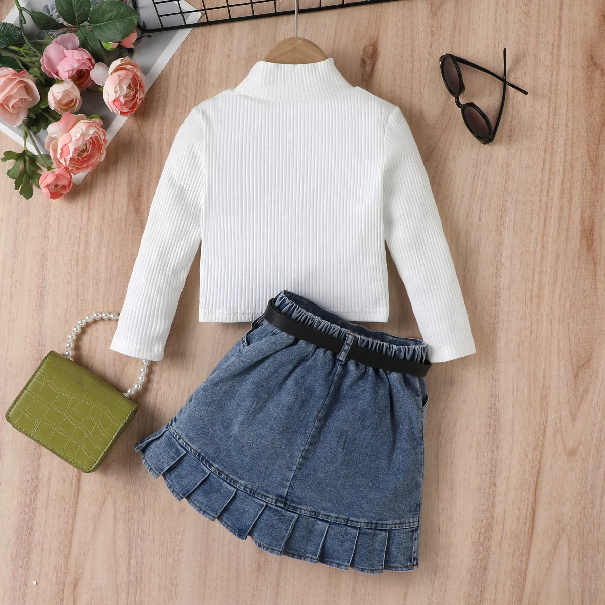 Girls High Neck Long Sleeve Ribbed Denim Pleated Skirt With Belt