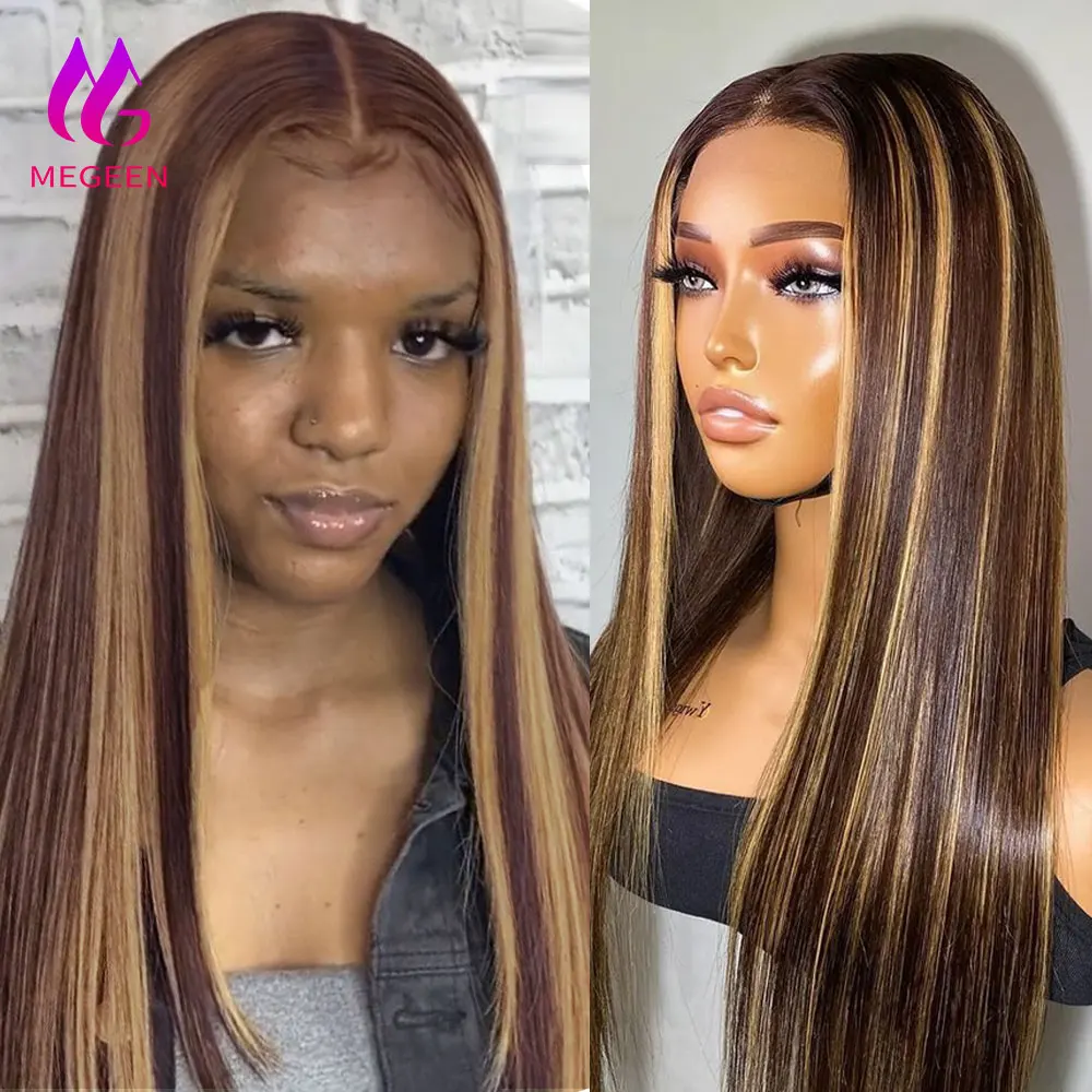 

Megeen 13X4 Transparent Lace Frontal Wig Human Hair Highlight P4/27 Honey Blonde Straight Lace Front Wig Colored Ombre Wigs Remy