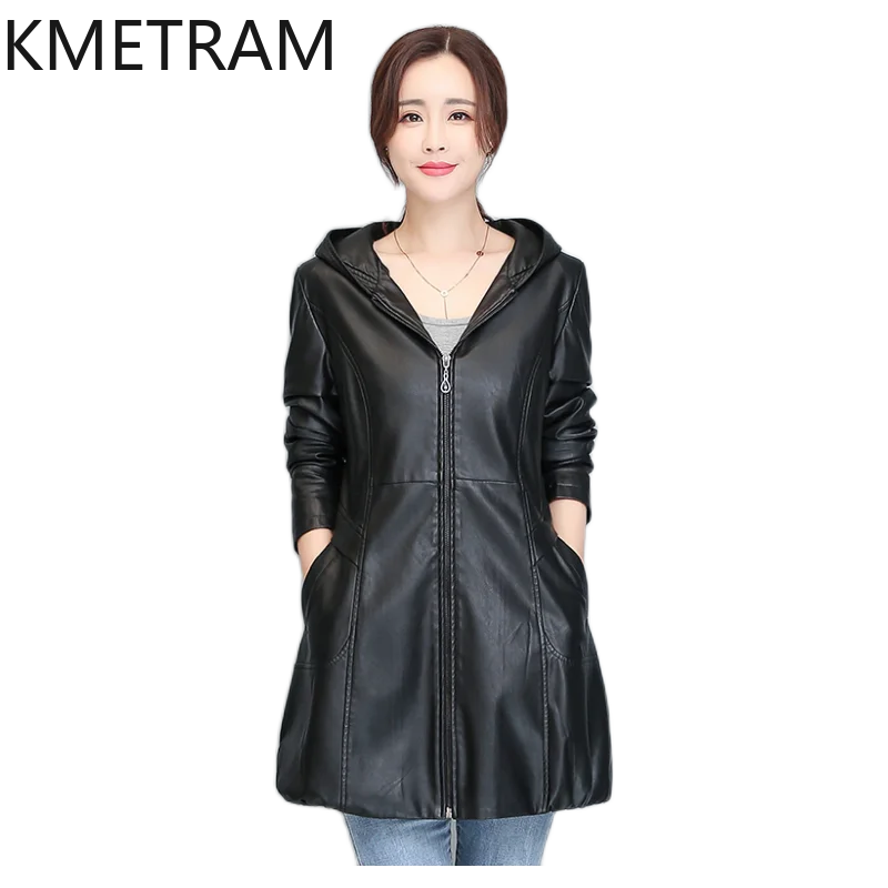 KMETRAM Real Sheepskin Leather Womens Jacket 2024 Spring Women's Clothing Hooded Mid Long Coats Korean Slim Fit Jaqueta Couro