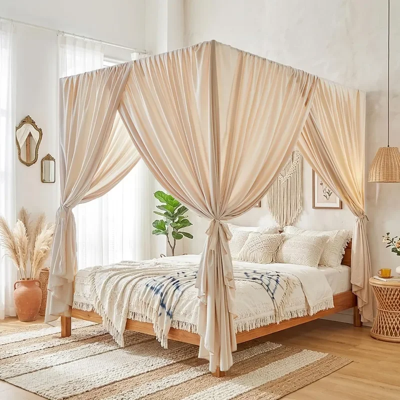 Canopy Bed Curtains 4 Corners Post Ruffle Princess Bed Canopy Elegant Cozy Drape Netting 4 Opening Mosquito Net for Bedroom