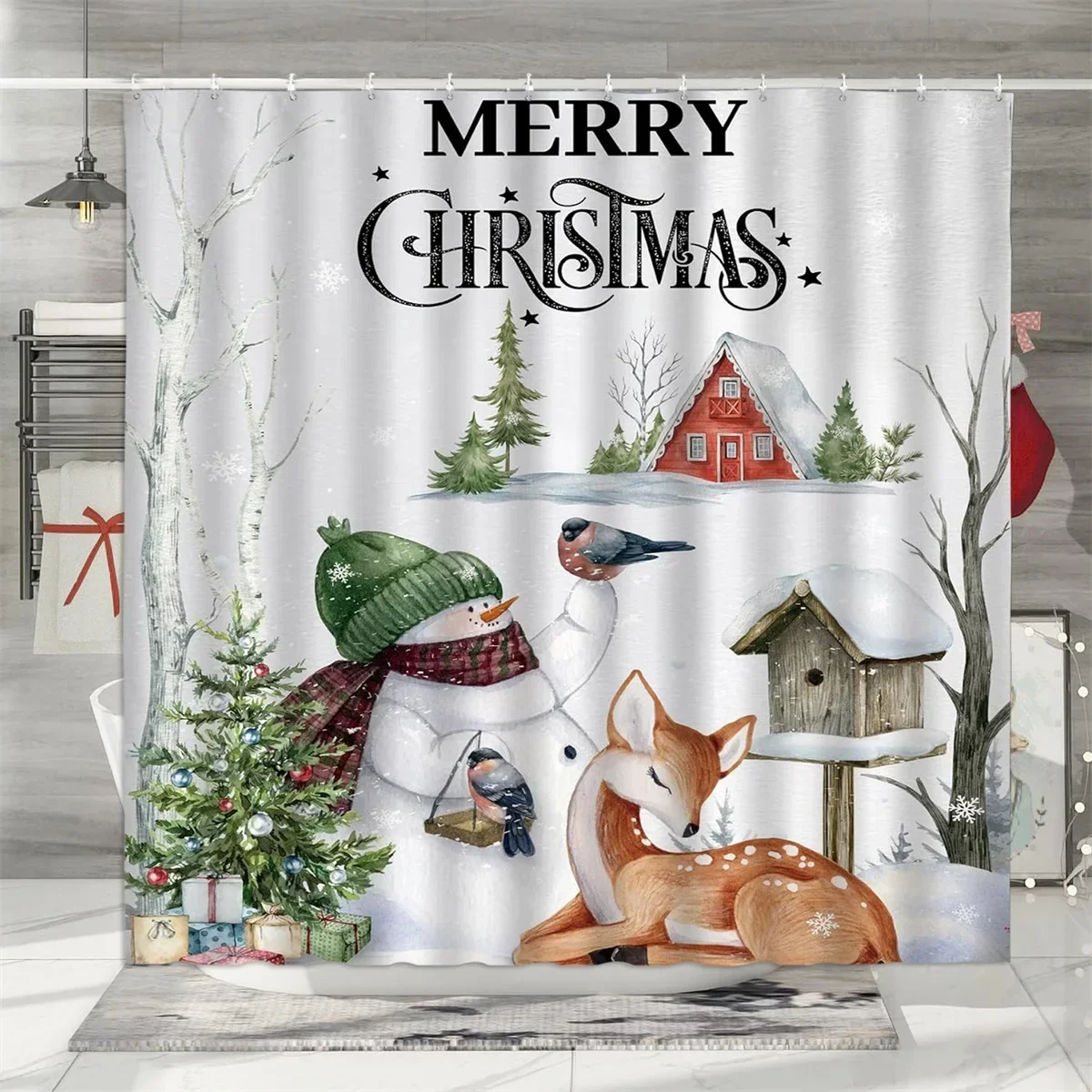 Christmas Shower Curtain, Winter Holiday Farm Snowman Santa Claus Christmas Tree Farmhouse Christmas Balls Bathroom Decorations