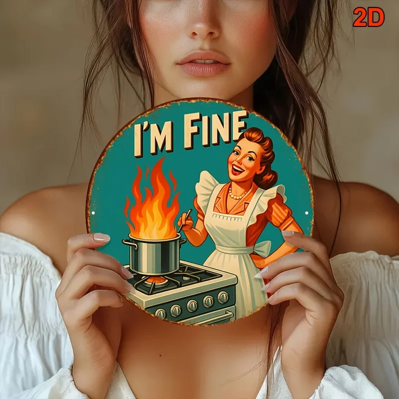 2D Vintage'I'M FINE'Kitchen Wall Decor–1950s Housewife Cooking Scene|Retro Fun Sign |Easy to Hang | For Home, Cafe & Restaurant