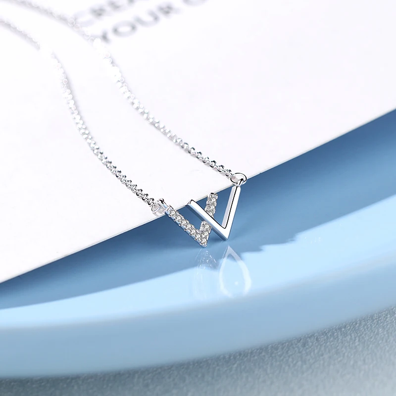 New Trendy 925 Sterling Silver W Letter Necklace Women Double V Shaped Pendant Fashion Jewelry Gift