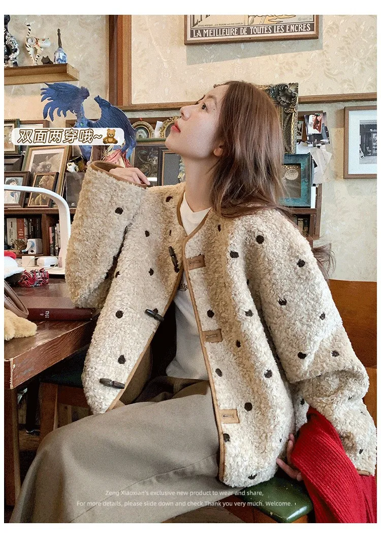 AW 2026 New Women Reversible Faux Suede Shearling Short Coat Polka Dot Furry Thick Warm Faux Fur Integrated Winter Outerwear