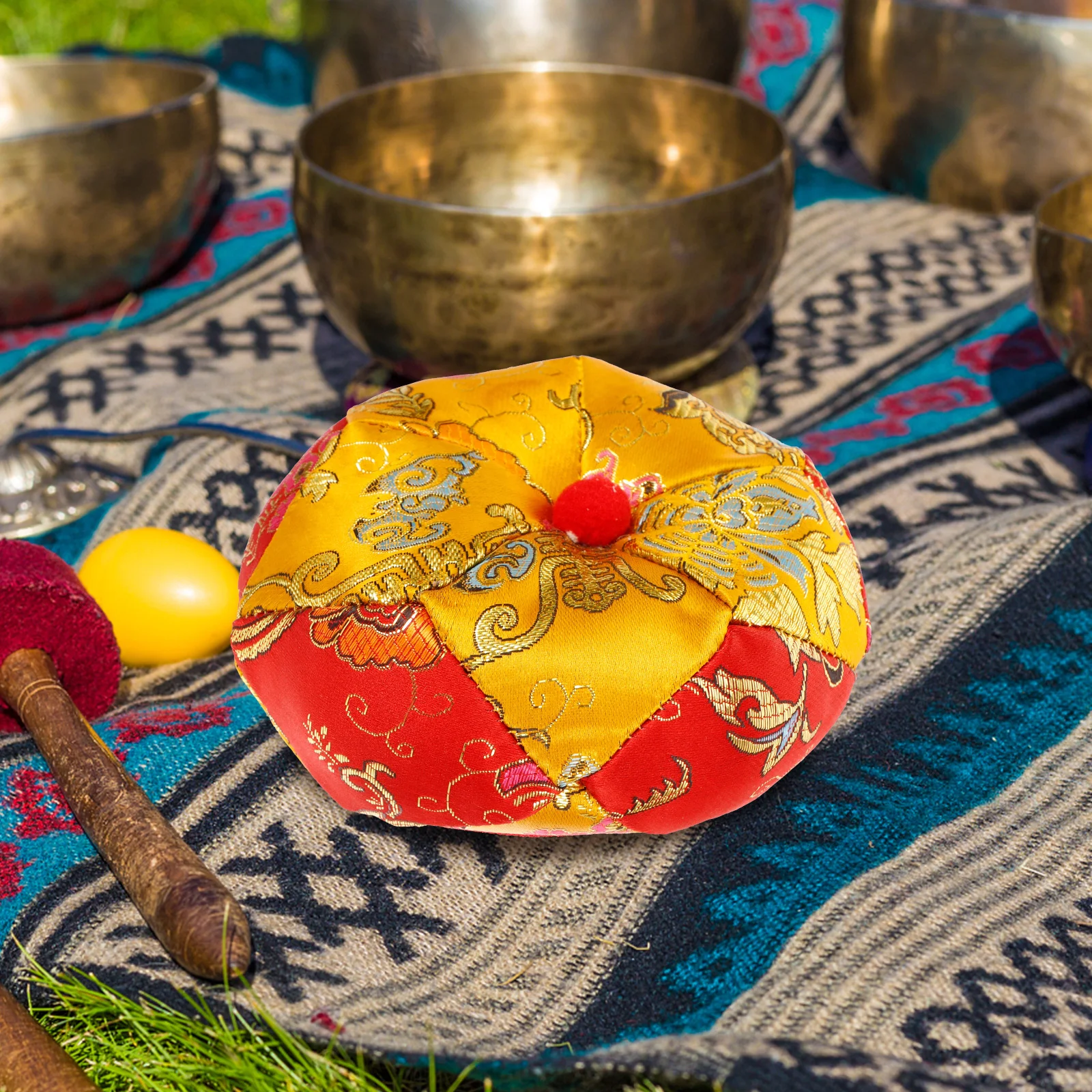

Wooden Fish Mat Cushions Prayer Bowl Pad Embroidered Fabric Nepal Singing Sound Bath Handmade