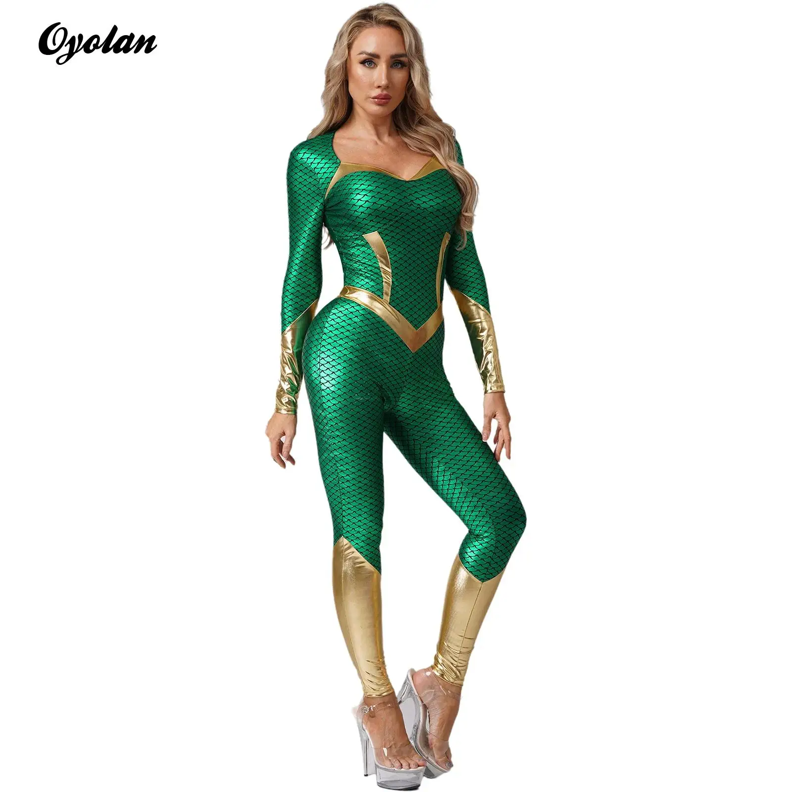 

Womens Halloween Mermaid Carnival Cosplay Costume Metallic Gloss Fish Scale Print Bodysuit Themed Party Dress Up Outfits