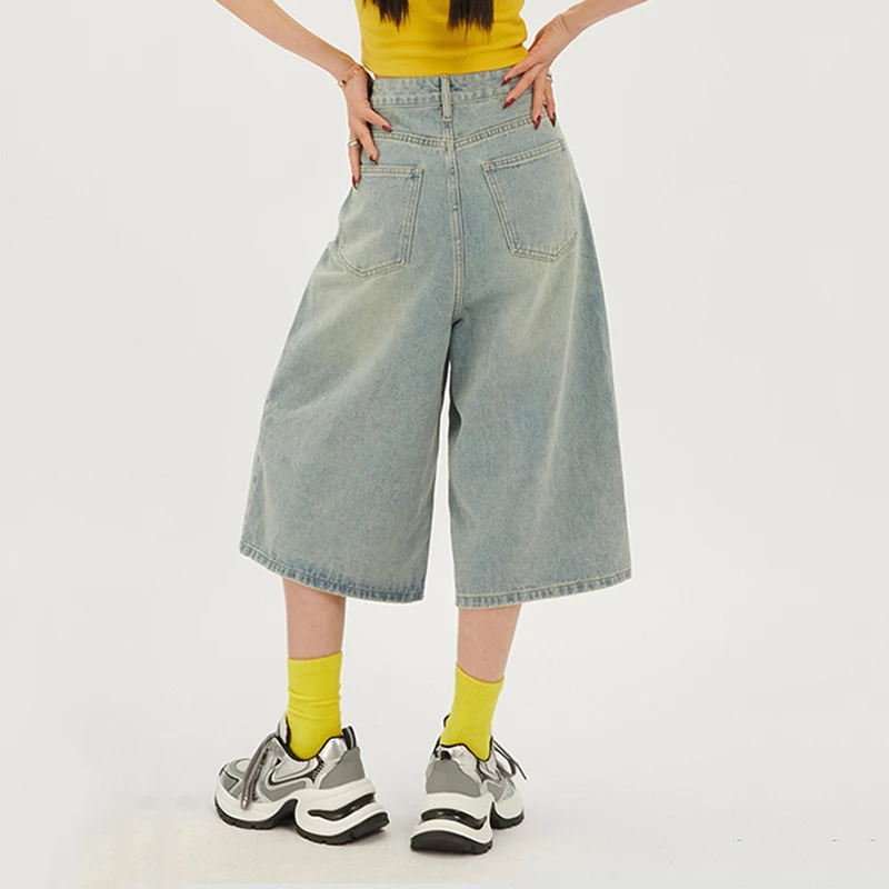 2024 Y2k Retro Women Low Waisted Black Wash Cropped Baggy Jeans Wide Leg Frayed Denim Short Pants