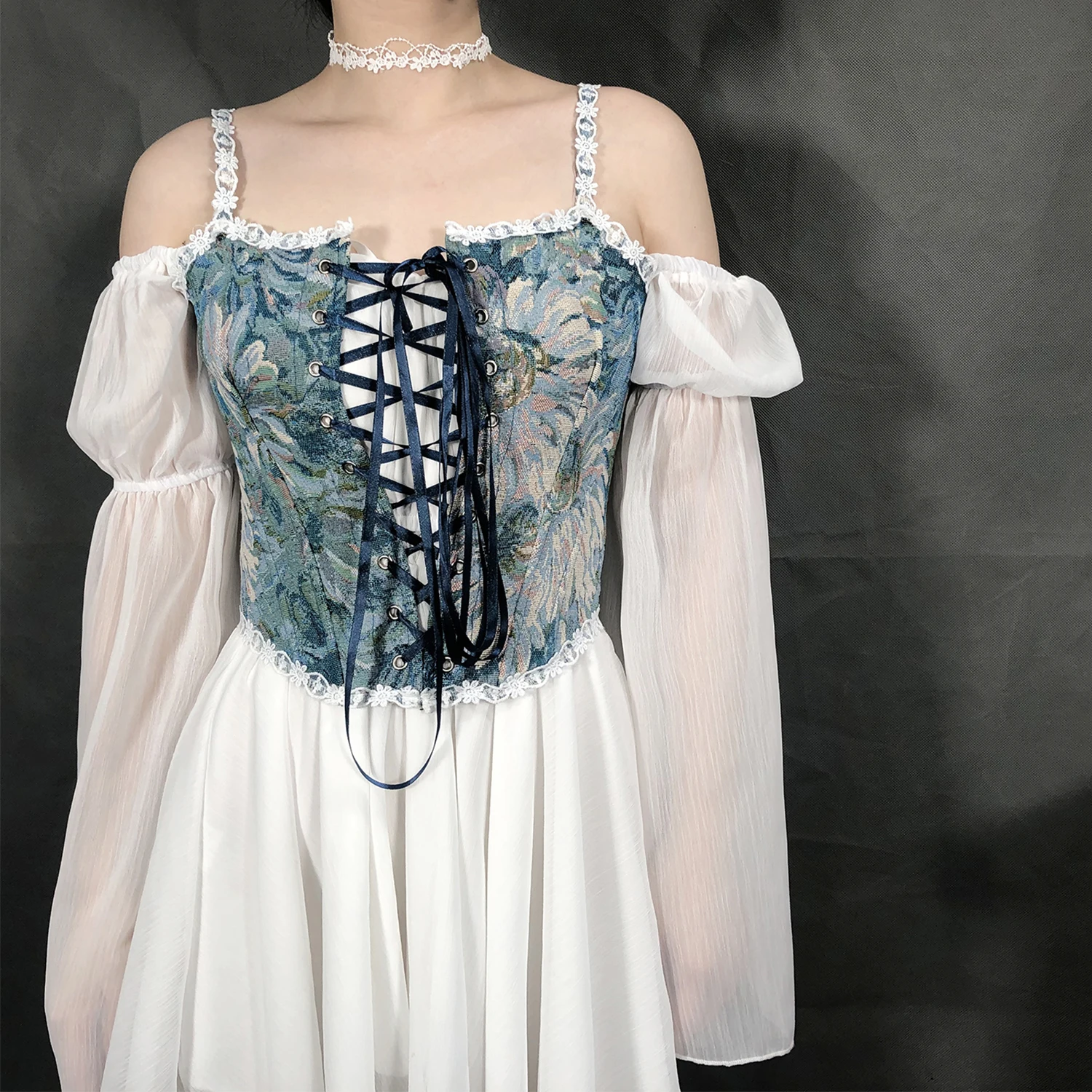 

Woman's Monet-Style Chrysanthemum Jacquard Corset Lace Trim Front Lace-Up Waist Training Bustier Camisole